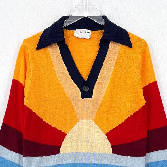 VINTAGE 70s Rainbow Sweater Mens Long Sleeve Polo California Dreamin COLLEGE MAN - Picture 3 of 16